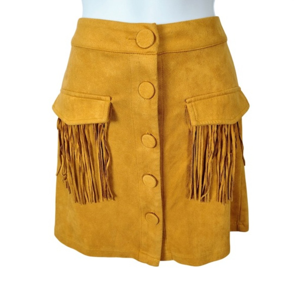 Flying Tomato Mustard Yellow vegan Suede Fringe Button Front Mini Skirt M native